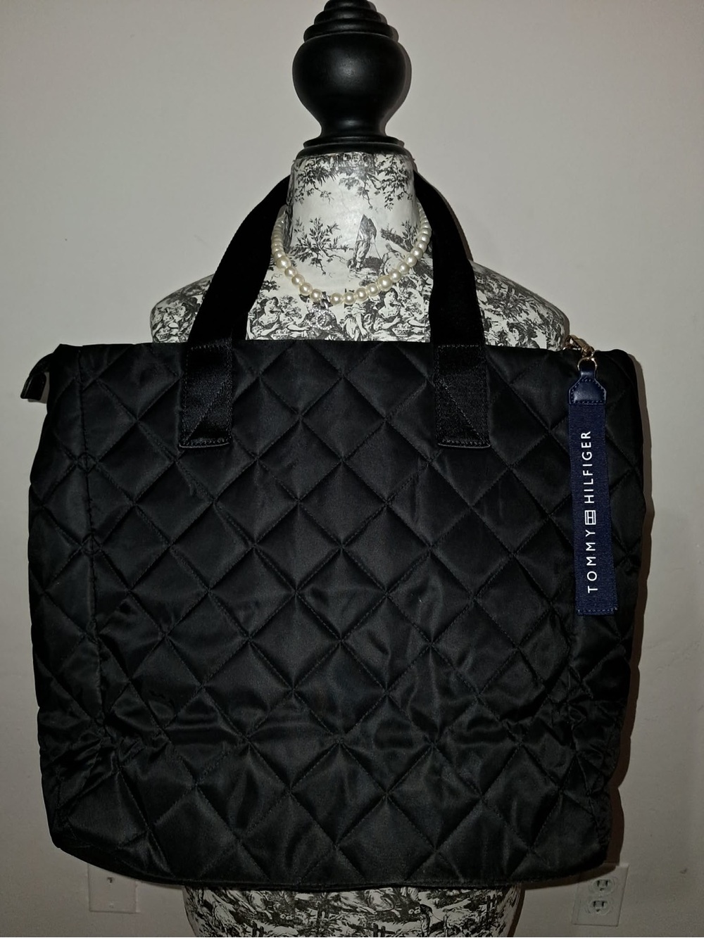 Tommy Hilfiger Quilted Black Tote with Branded Navy Tag